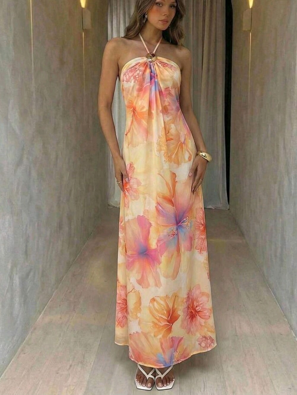 New Champagne Backless Pleated Minimalist Long Dress, Metal Ball Decor - Picture 5 of 6